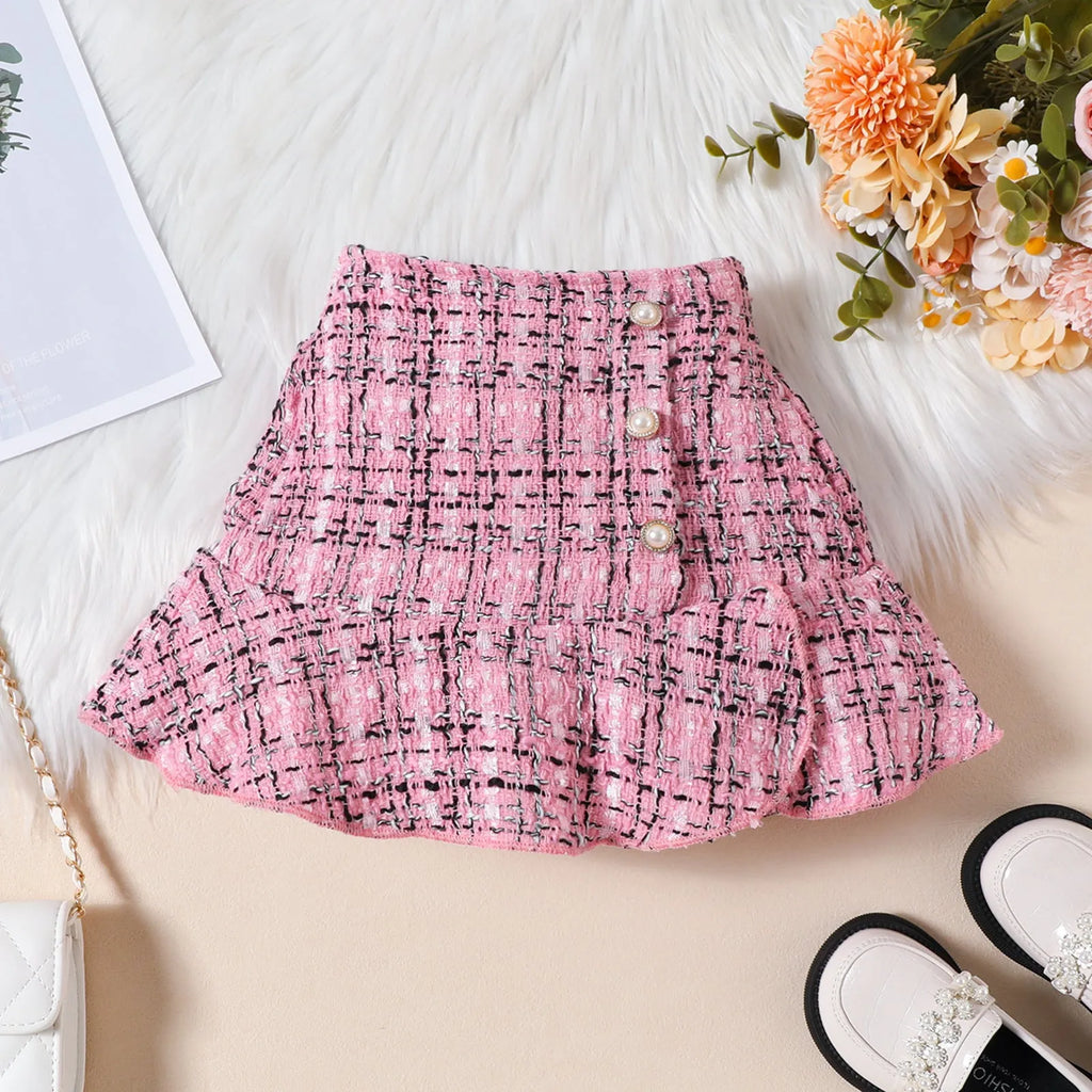 Girls cotton plaid three-piece skirt suit with long sleeve top fishtail skirt and hat in black and pink sizes 90-130cm