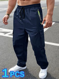 Men's retro cargo pants straight leg drawstring wrinkle-free polyester black gray dark blue military green autumn