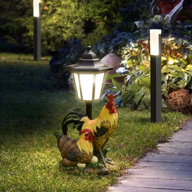 Solar powered resin garden lamp with decorative animal character design for outdoor lighting