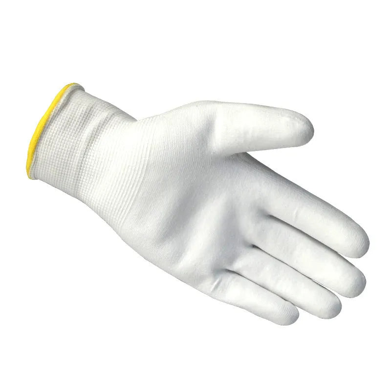 White PU coated work gloves showing flexible construction and 24cm length