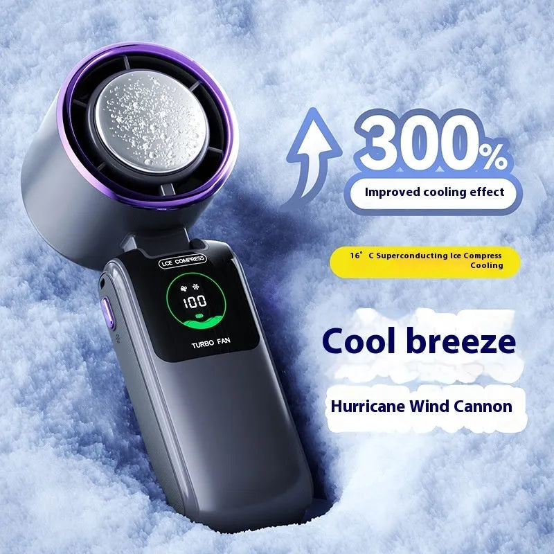 New folding handheld fan with brushless motor and 4000mAh battery in blue colour, showing multiple speed settings