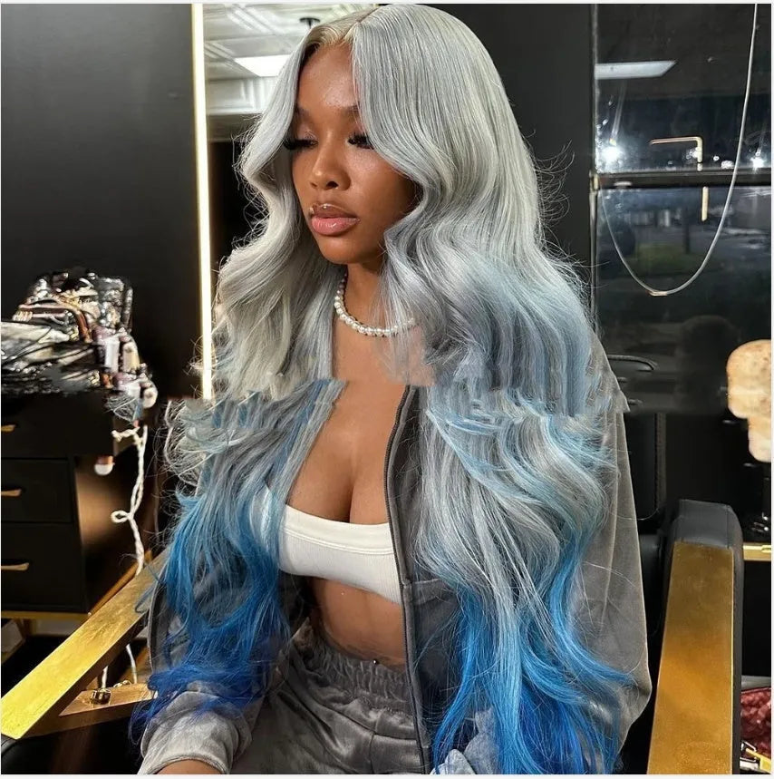Gradient grey blue lace front wig with transparent lace and human hair material in Ruli style