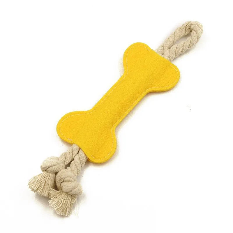 Durable bone-shaped dog rope chew toy with felt cover in four colour options