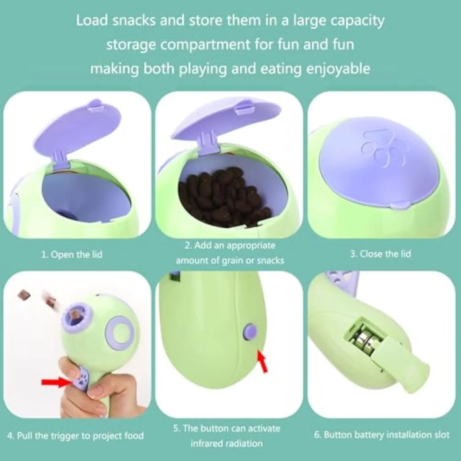 Green dog treat launcher toy measuring 15.5cm length with automatic food dispenser