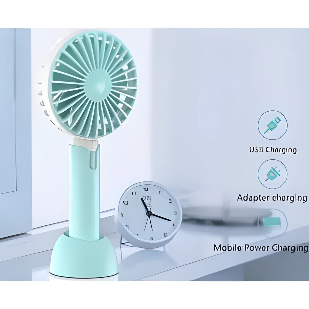 Blue handheld mini USB electric fan with three speed buttons and a shaking head.