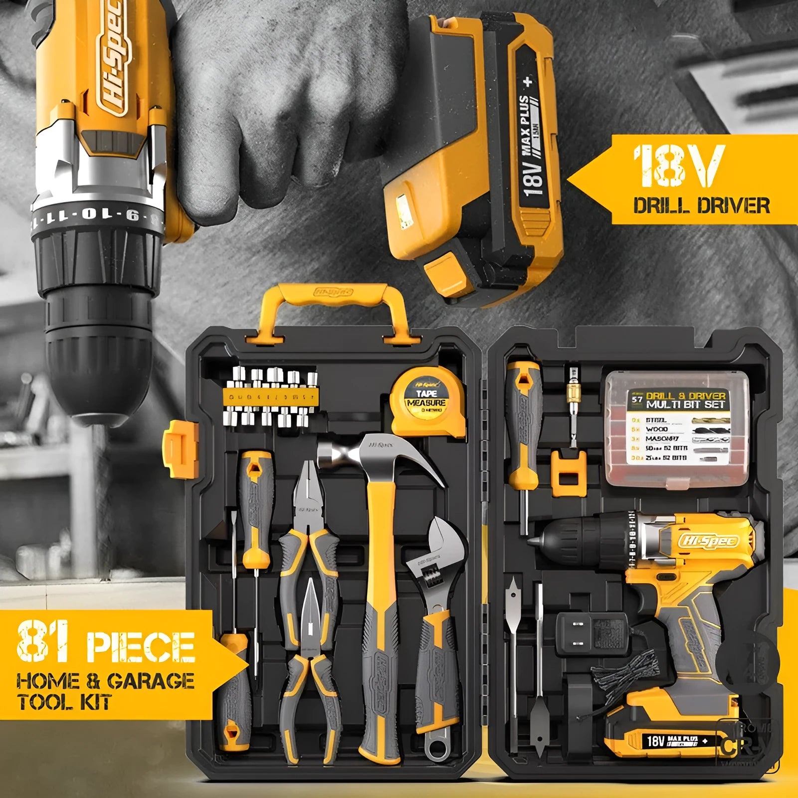 82-piece grey and yellow toolbox with chrome-vanadium steel tools for furniture installation