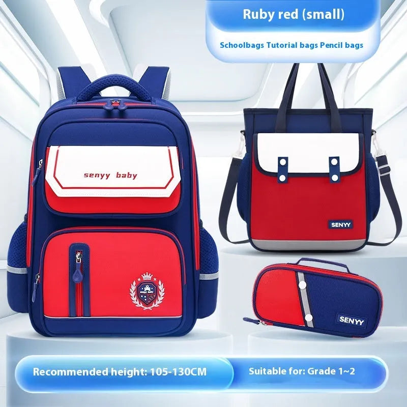 Children's spine protector backpack in blue, made of water-repellent Oxford cloth, size 38x30x15cm