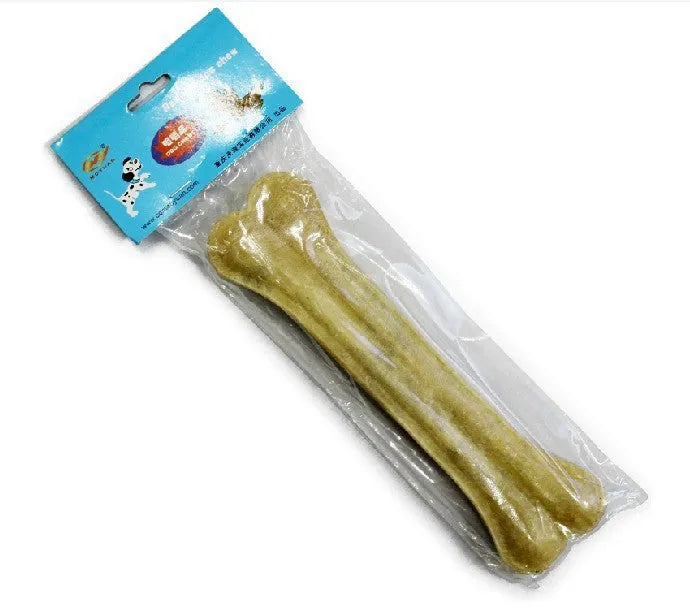 Buffalo leather dog chew stick laid flat, showing natural hide texture and bone-like shape