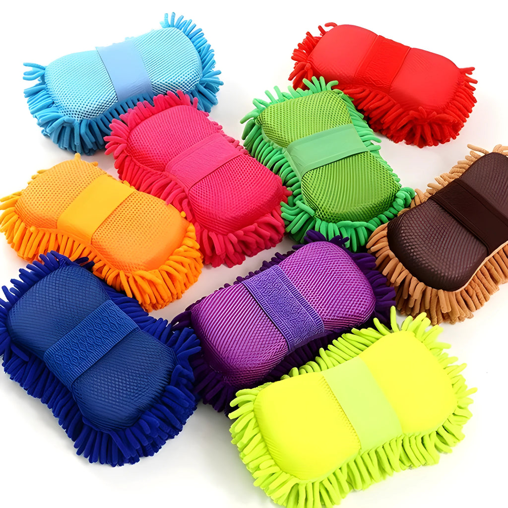 Silvery green microfiber car wash sponge measuring 14 by 25 centimetres for vehicle cleaning