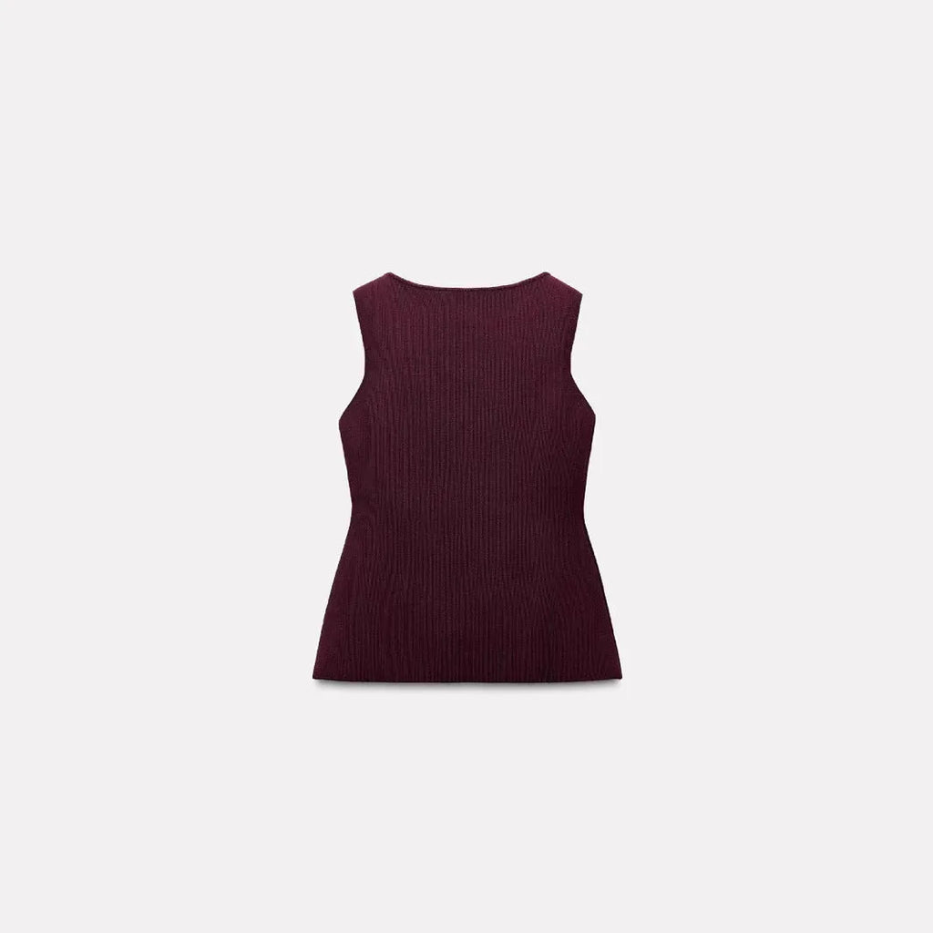 Dark red slim fit sweater vest with gold buttons and a raised 3D pattern, laid flat.