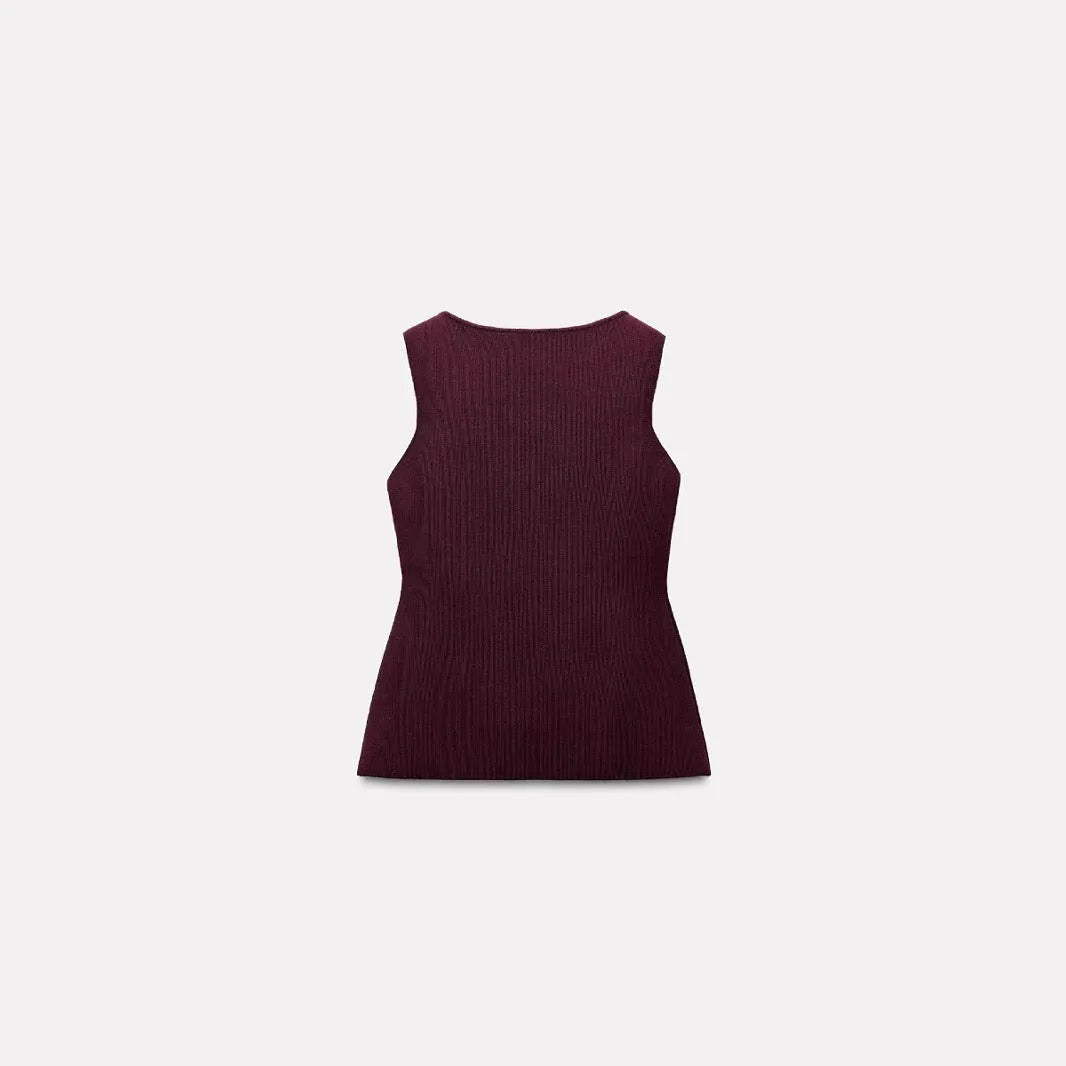 Dark red slim fit sweater vest with gold buttons and a raised 3D pattern, laid flat.