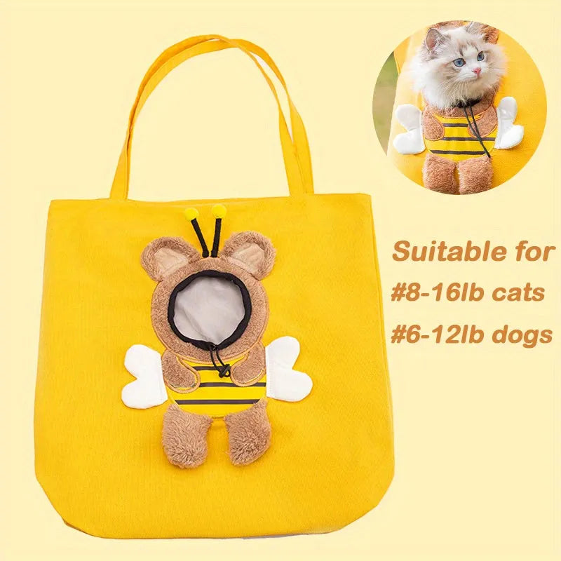 Canvas pet shoulder carrier bag with elastic side opening showing cat inside, available in blue, grey, yellow colours