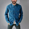 Men's cotton denim cardigan coat shown in khaki, black, blue, and grey colour options.