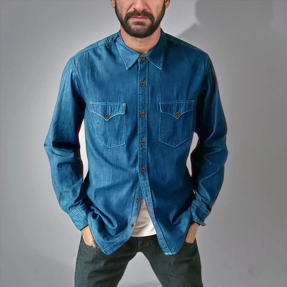 Men's cotton denim cardigan coat shown in khaki, black, blue, and grey colour options.
