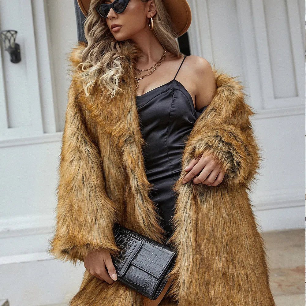 Yellow loose-fitting women's faux fur coat with regular sleeves on a model