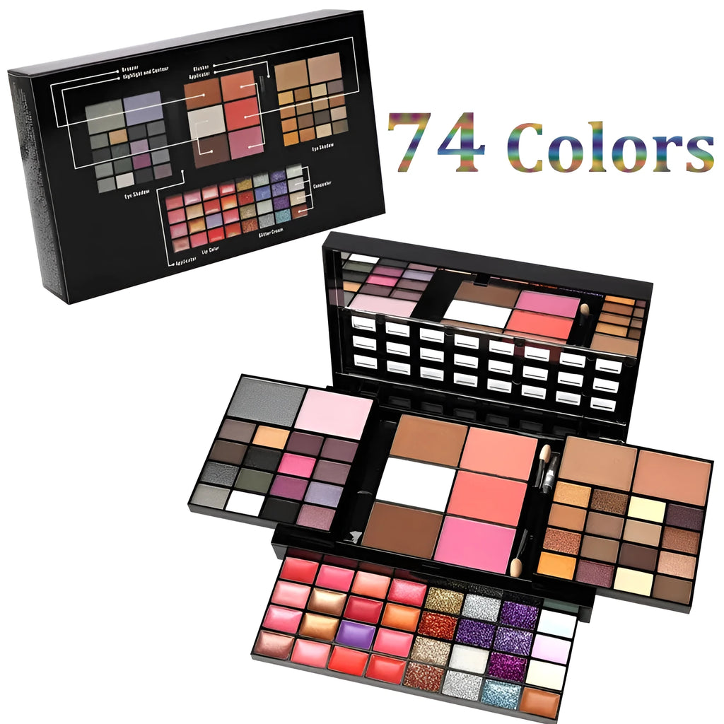 74 colour makeup palette set open showing four layers of eyeshadows, lip glosses, blushes, and contour powders with brushes