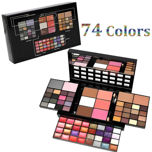 74 colour makeup palette set open showing four layers of eyeshadows, lip glosses, blushes, and contour powders with brushes