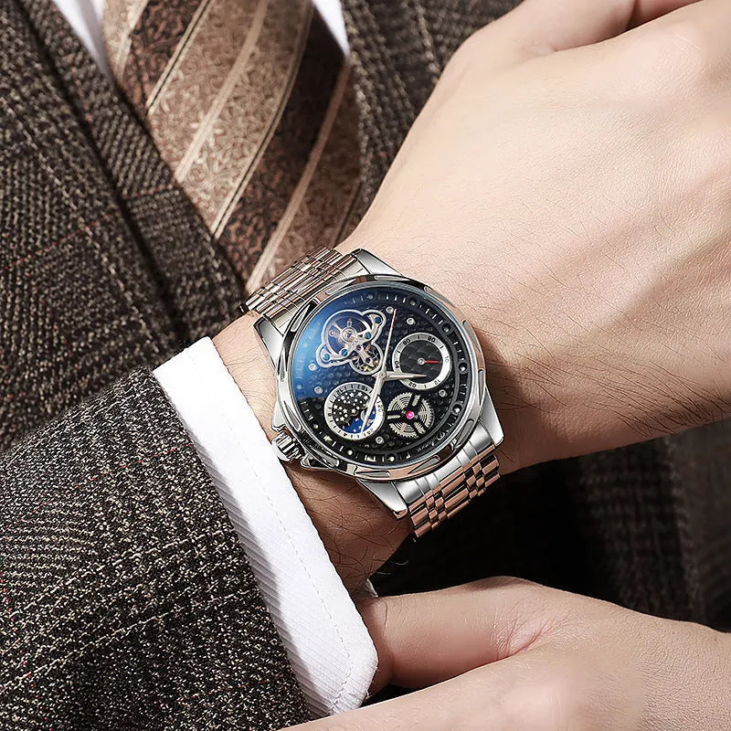 Men's black and silver automatic business watch with steel case and leather strap