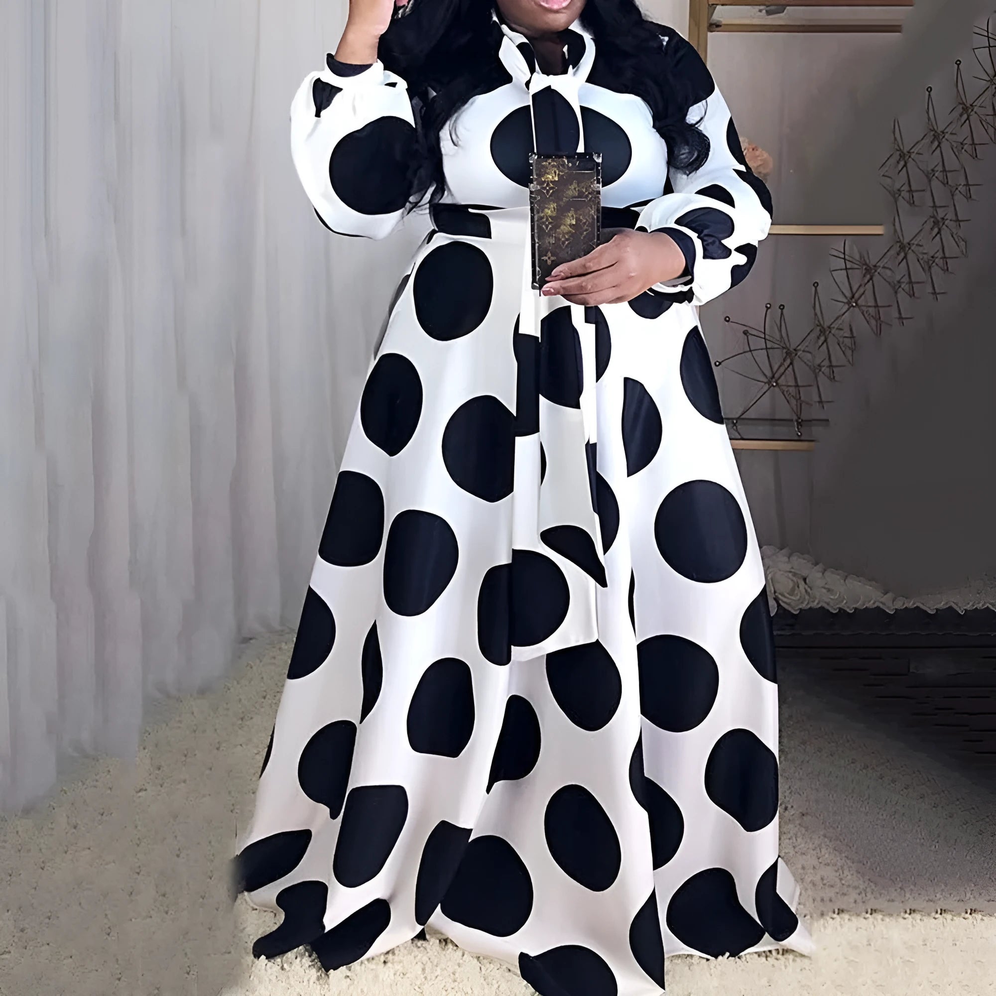 Women's large size white polka dot dress with long sleeves and long skirt, shown in white with white dots
