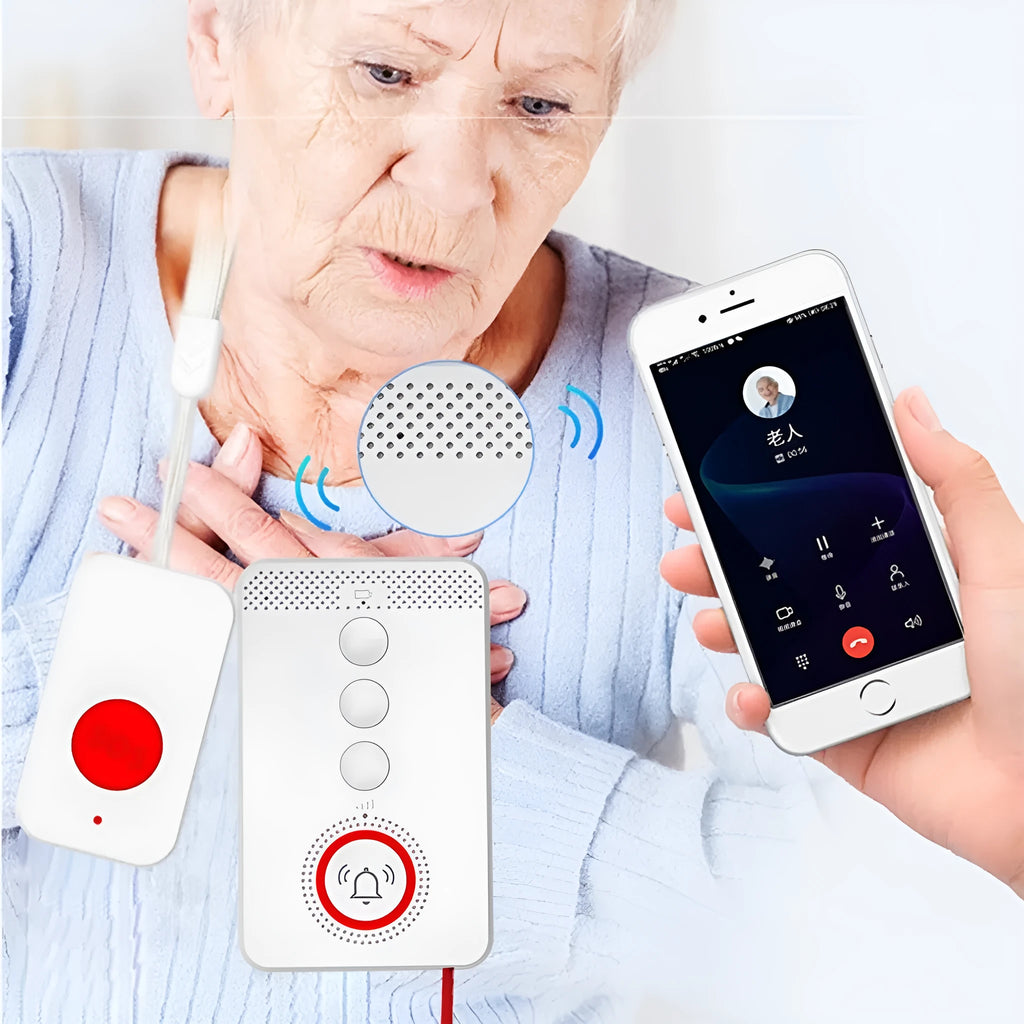White elderly emergency alert device with one main buzzer unit and three wireless emergency buttons