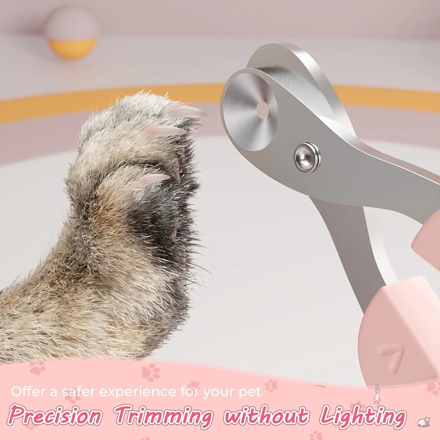 Cat nail clipper with positioning hole and stainless steel blade on pink background