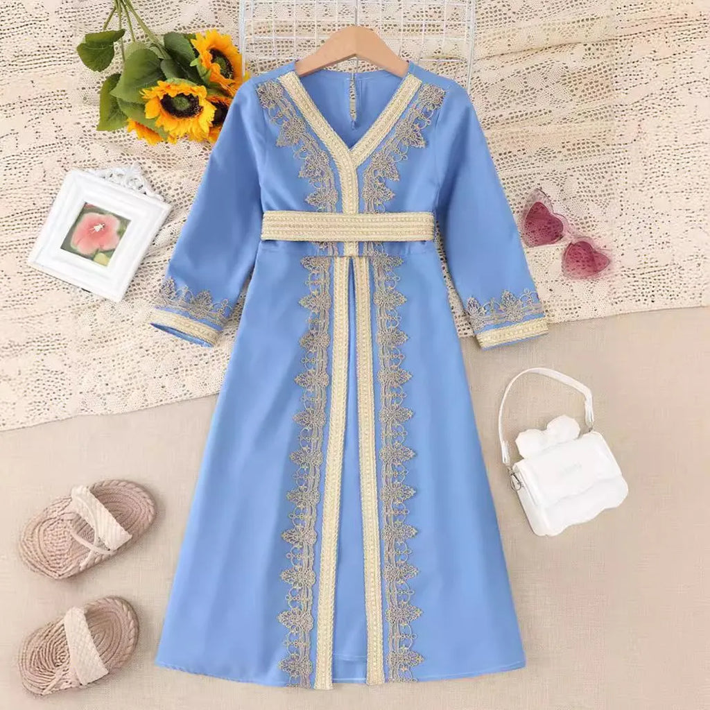 Children's girls lace v-neck dress in ice blue, Dubai style, polyester fabric suitable height 4Y-12Y