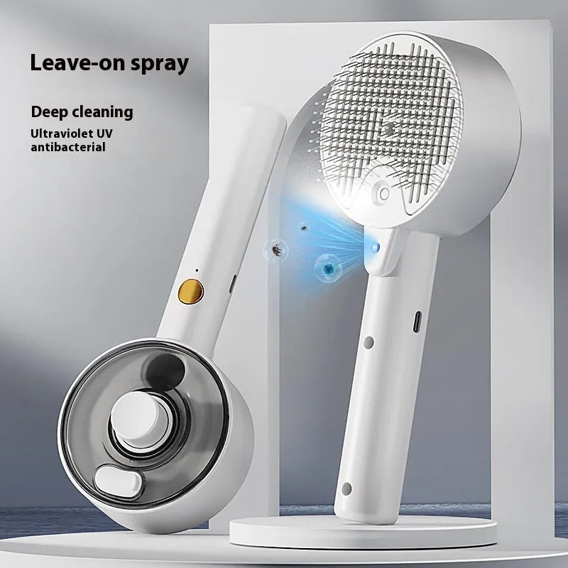 Ceramic white pet grooming brush with UVC blue light, misting nozzle, and soft needles for dog and cat hair removal