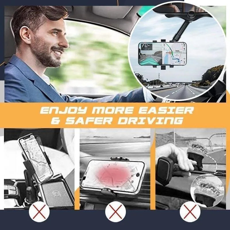 Black rearview mirror car phone holder with retractable arm and 360-degree rotating phone clip.