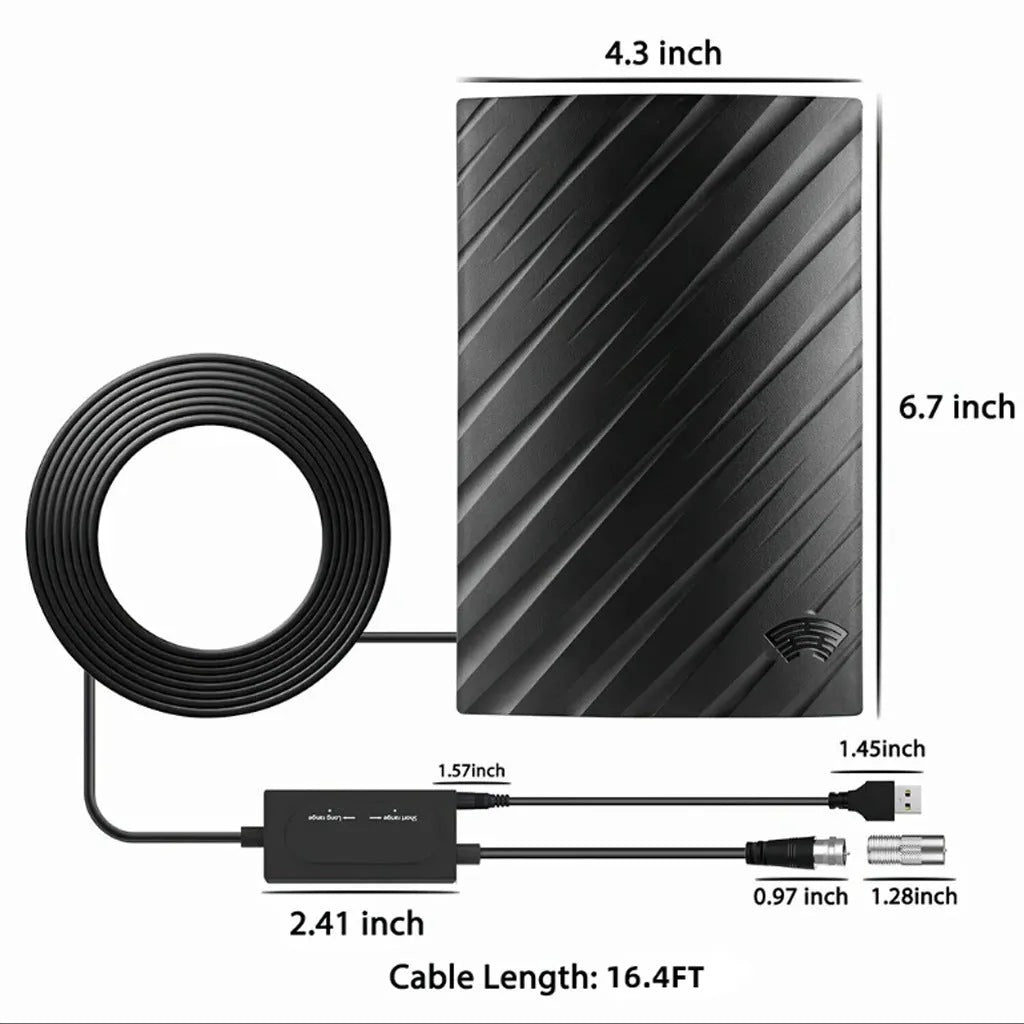 Black indoor digital television antenna with mounting accessories including expansion tubes and screws