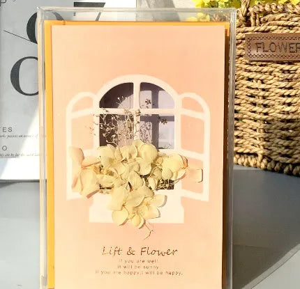 Handmade 3D boxed greeting card with butterfly shape, hot stamping, and artificial flowers on coated paper.