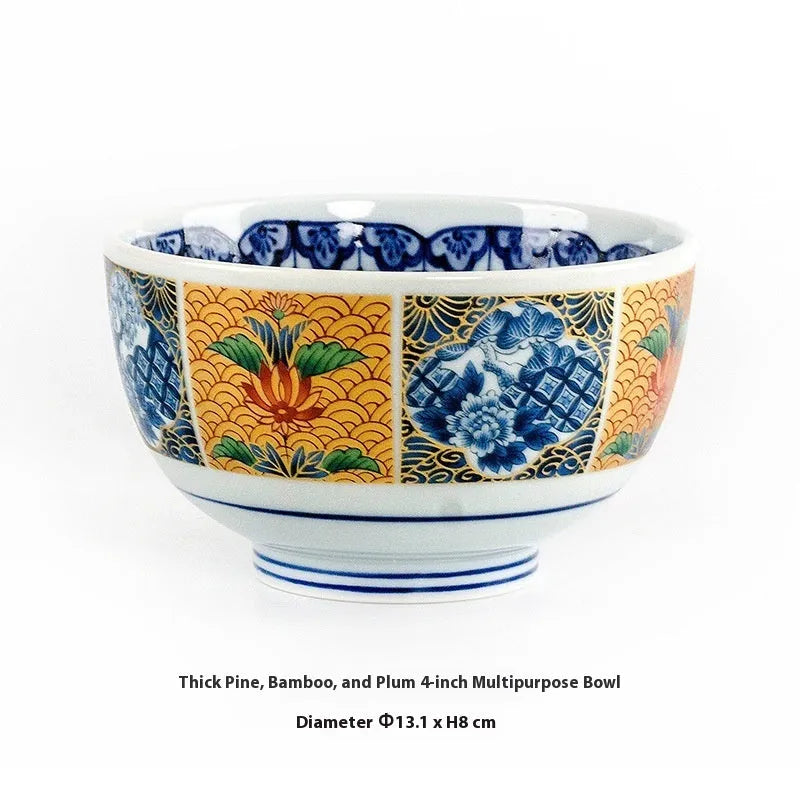 Japanese style 4-inch ceramic bowl with retro peony floral pattern and underglaze surface