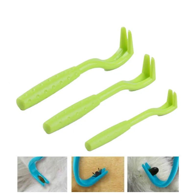 Set of three blue plastic tick removal hooks for dogs and cats on a white background.