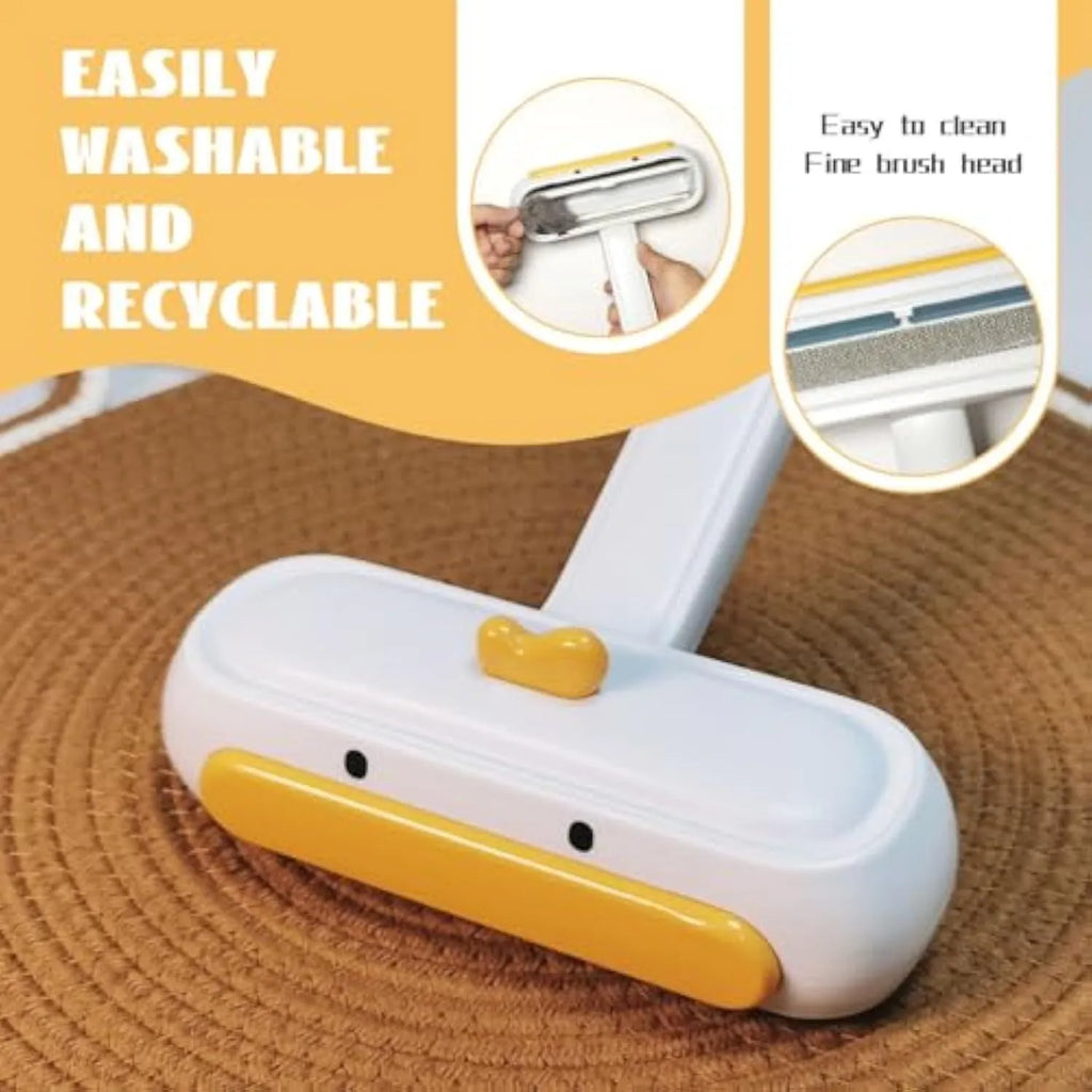White portable pet hair remover with yellow duck design for furniture and car seat cleaning