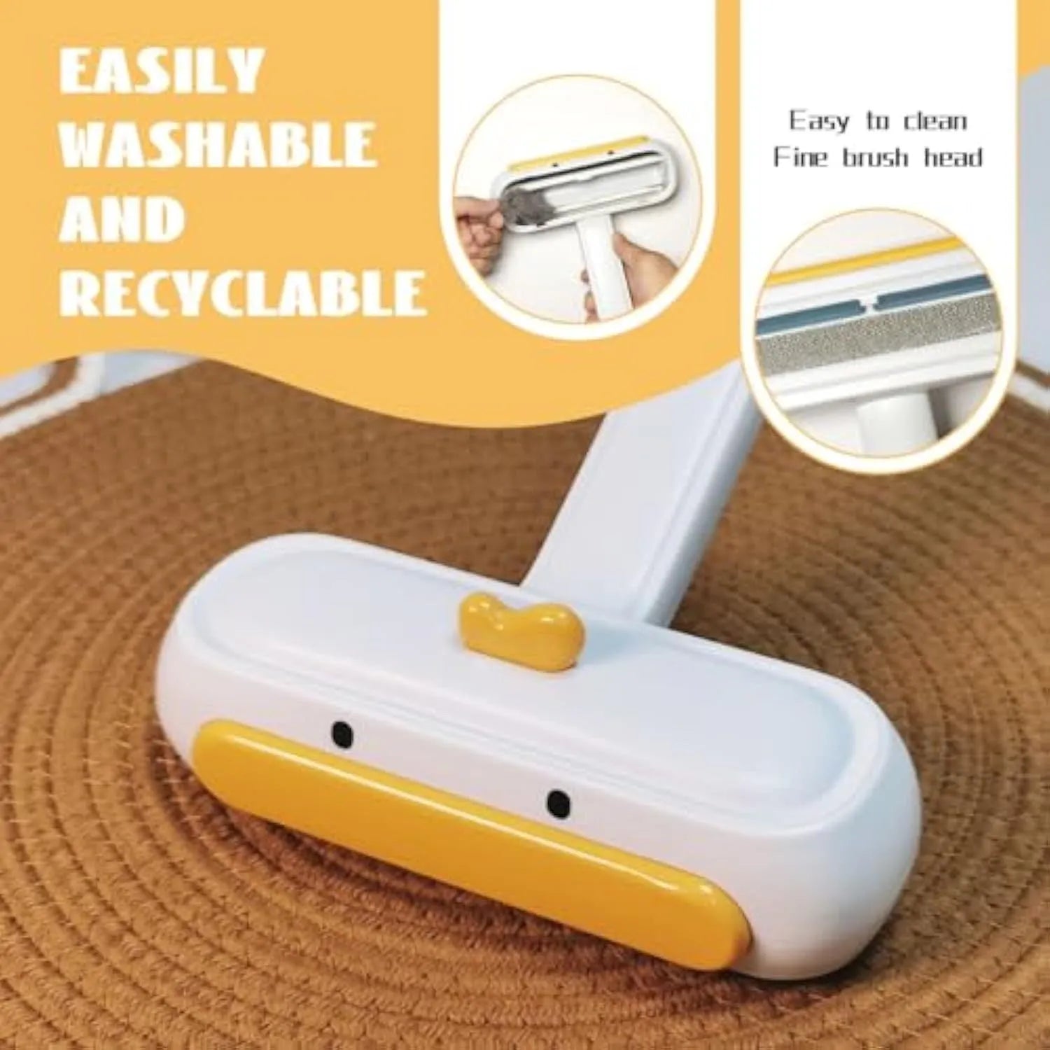 White portable pet hair remover with yellow duck design for furniture and car seat cleaning