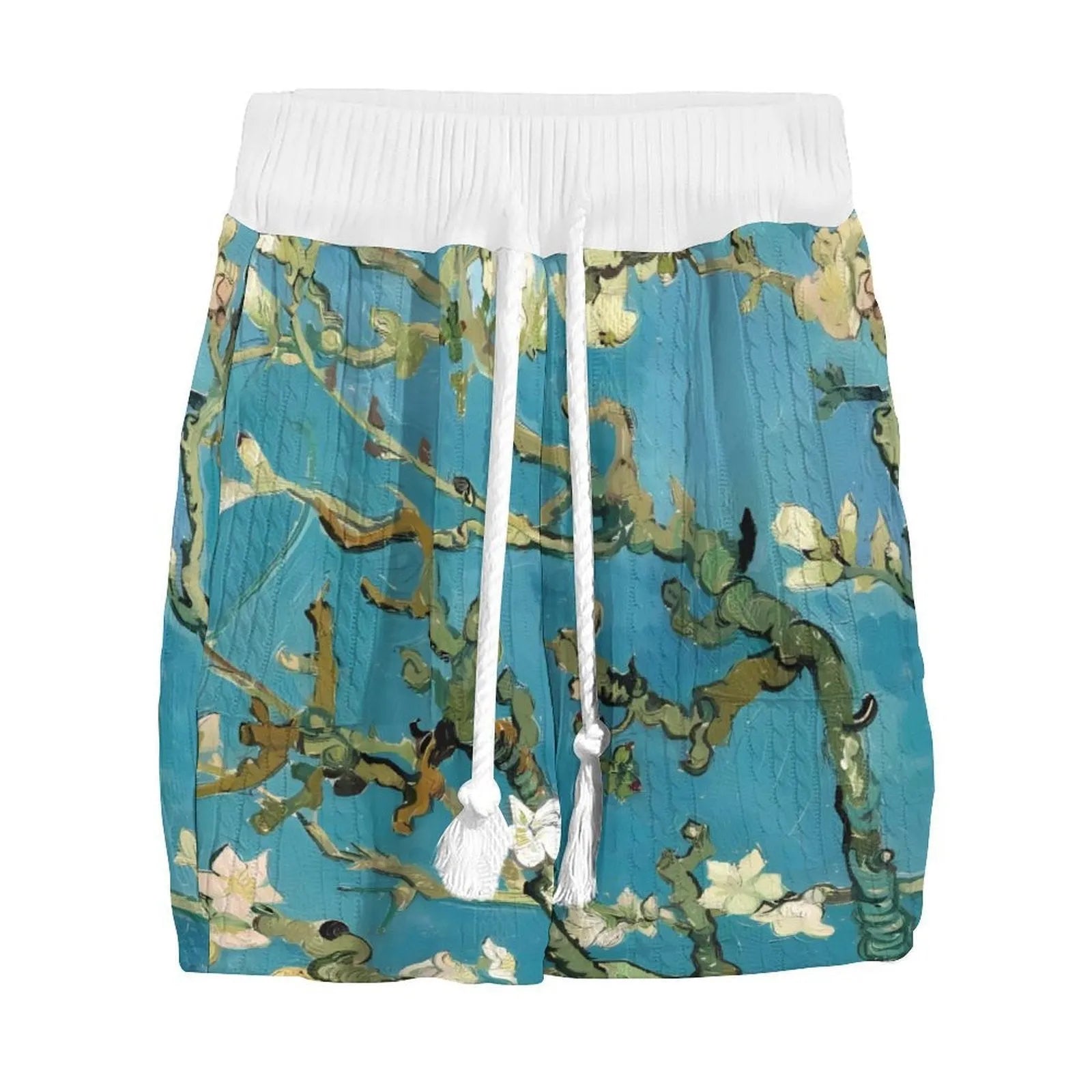 Men's peacock blue 3D printed knitted shorts suit with matching T-shirt, showing fifth-pant length trousers