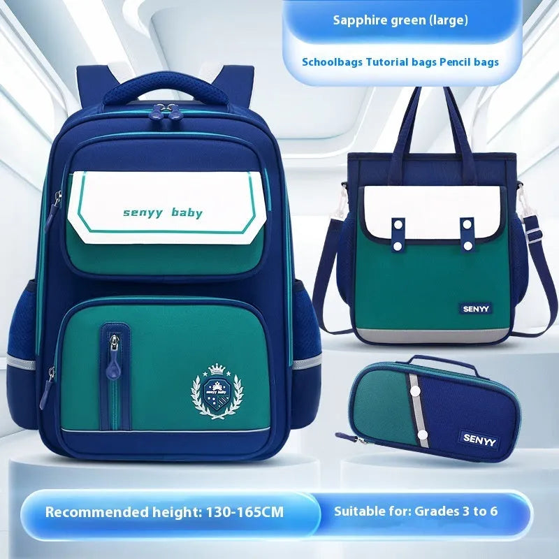 Children's spine protector backpack in blue, made of water-repellent Oxford cloth, size 38x30x15cm