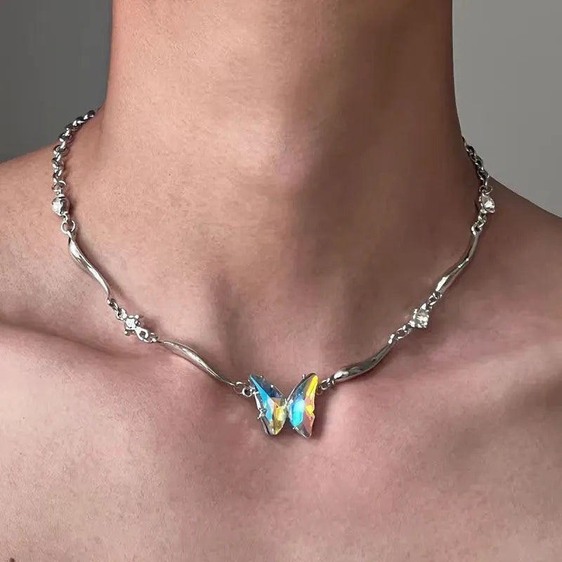 Alloy unisex necklace with electroplated geometric butterfly pendant and regular chain