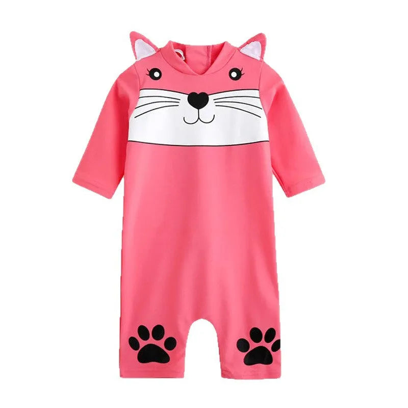 Blue long sleeve one-piece baby swimsuit made of high-elasticity polyester for sun protection and swimming