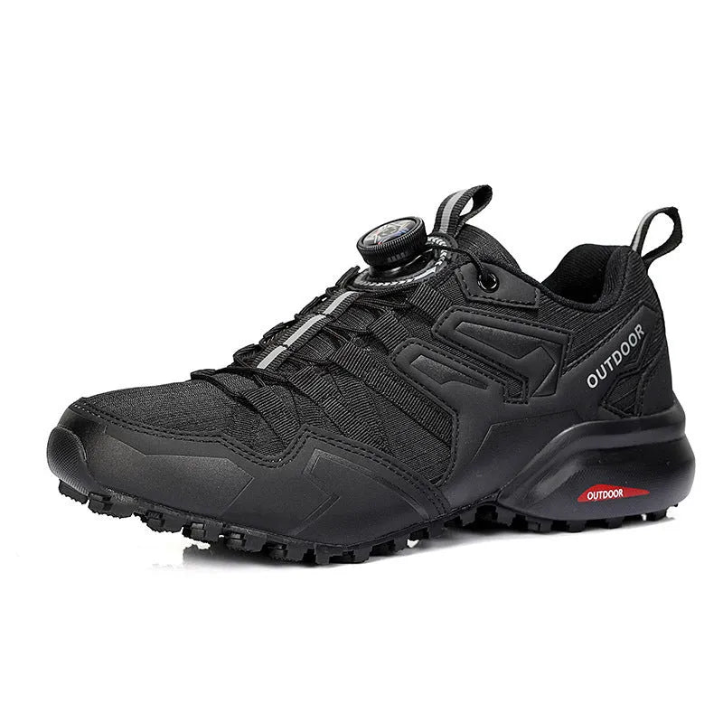 Men's beige outdoor hiking shoes with elastic band and rubber sole for off-road sports.