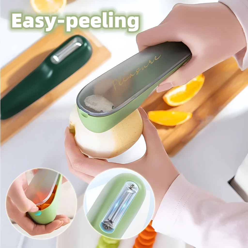 Dark green vegetable peeler with a storage tube and stainless steel blade on a kitchen counter.