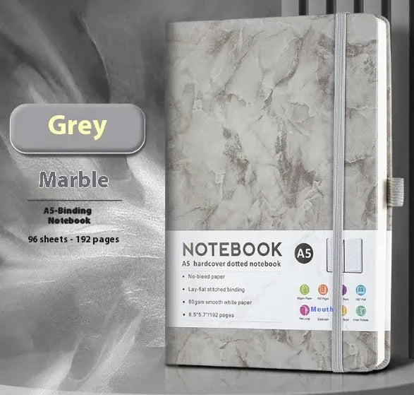 A5 PU leather strap notebook with horizontal lines available in marble and skin-feeling colours like black, blue, and gold