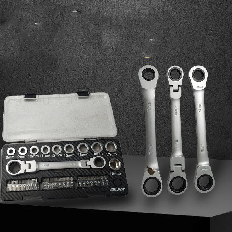 Dual-purpose ratchet wrench set with handle, ten sockets, and three bit heads arranged on a workbench.