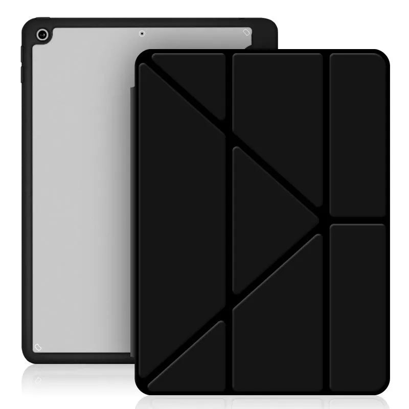 Slim imitation leather iPad case in dark grey with Y-fold bracket open and Apple Pencil in built-in slot.