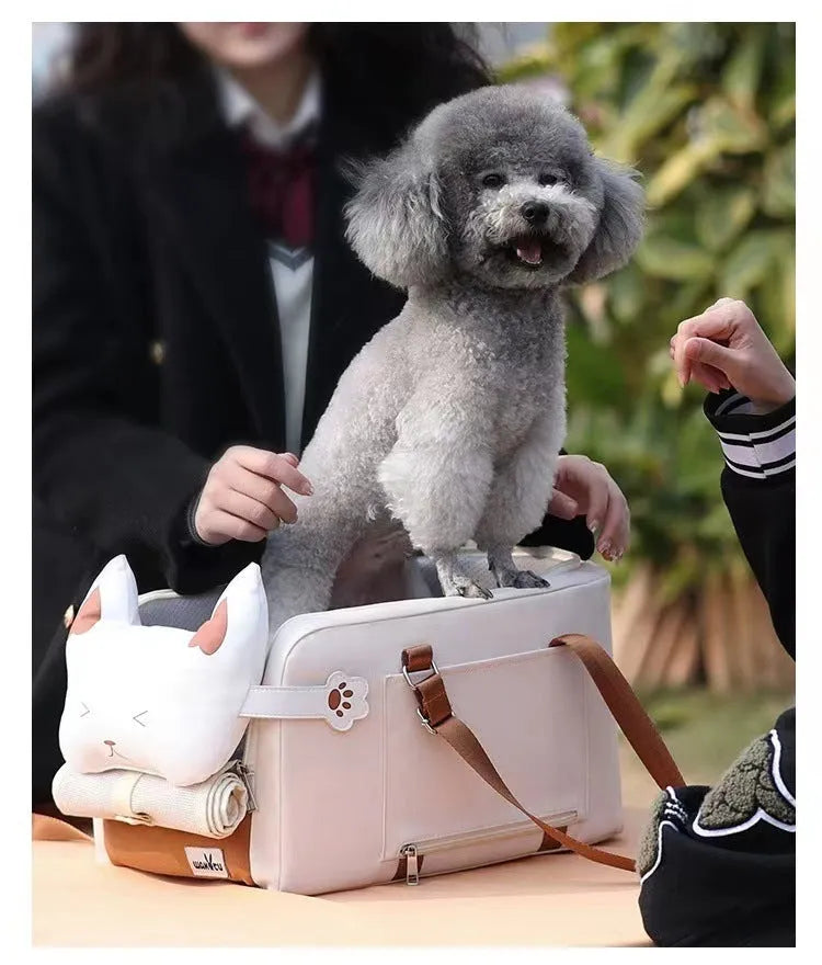 Hard-sided beige pet travel crate with EPE padding, dimensions 43x25x22.5cm