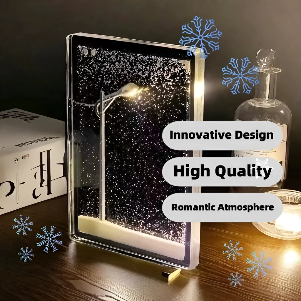 DIY snowy night light kit showing assembled snowflake street lamp scene with warm LED glow on a desktop.