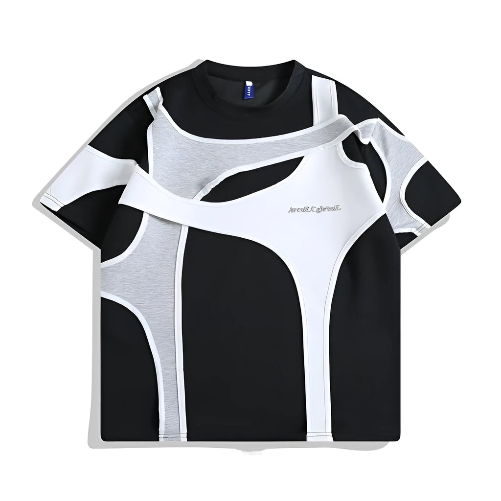 Men's black T-shirt with padded shoulder strap detail and double stitching construction