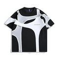 Men's black T-shirt with padded shoulder strap detail and double stitching construction
