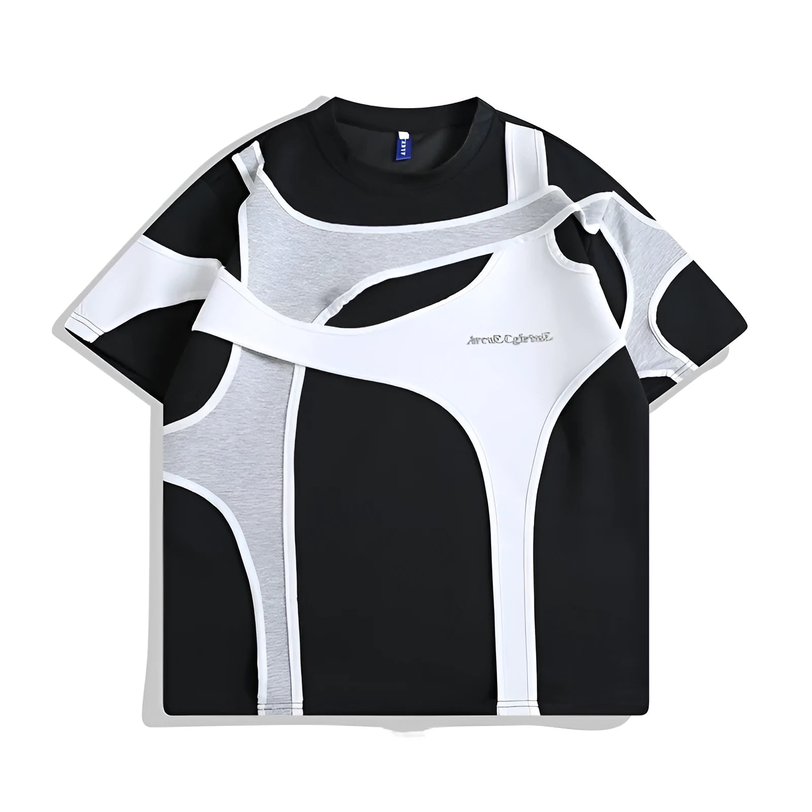 Men's black T-shirt with padded shoulder strap detail and double stitching construction