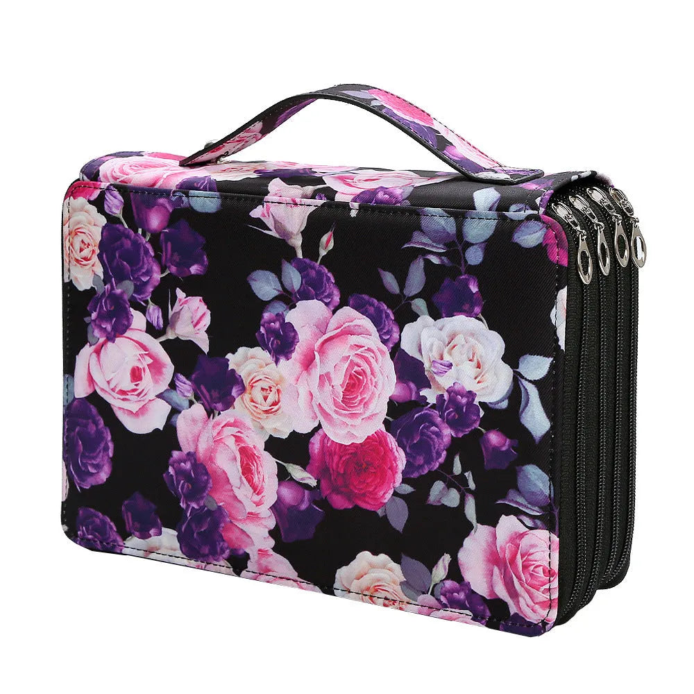 Large capacity four-layer zipped canvas pencil bag in beige with pens inside, 28x20x9cm