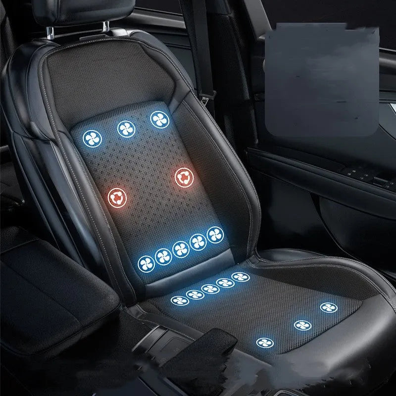 Car seat cooling pad with solid colour design showing USB and 12V power connections